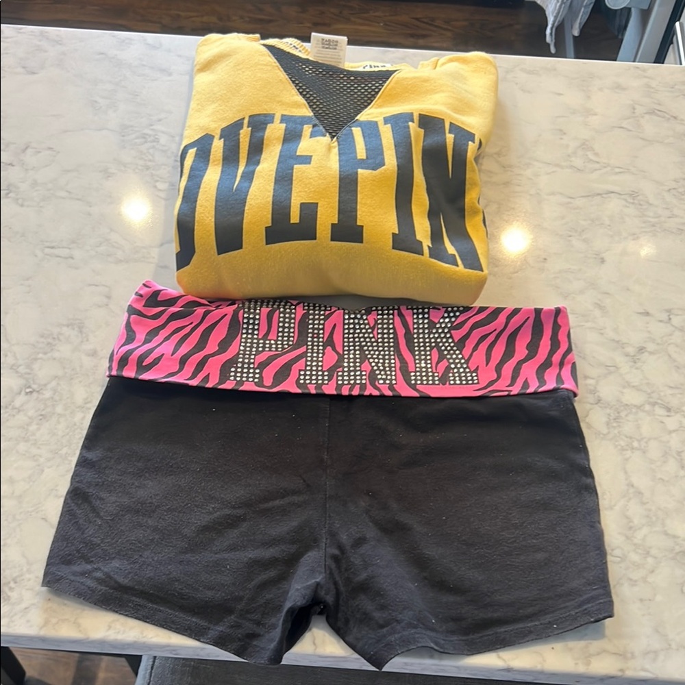 Victoria's Secret PINK Yellow Sweatshirt and Black Shorts Set